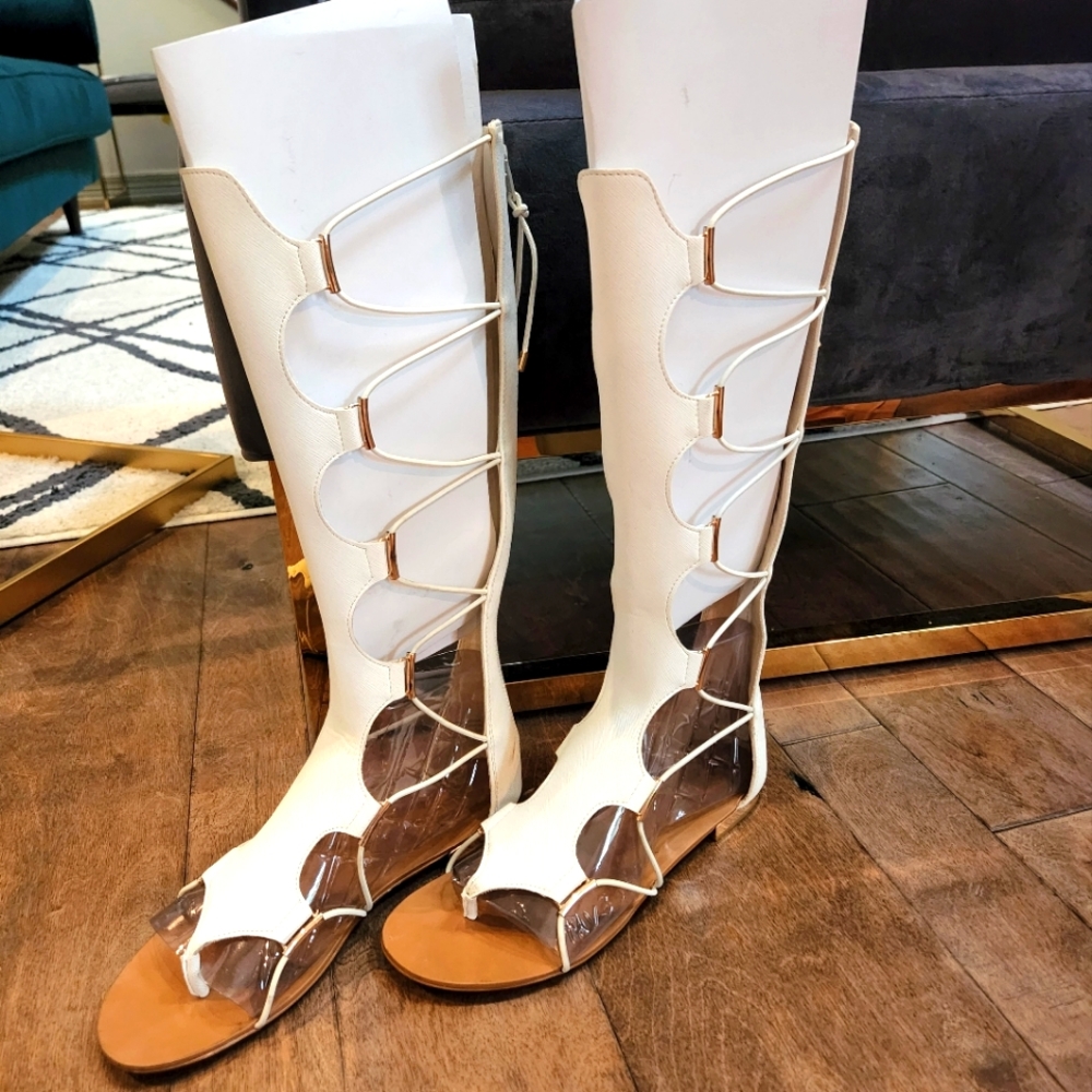 Aldo White and Tan Knee-High Gladiator Sandals